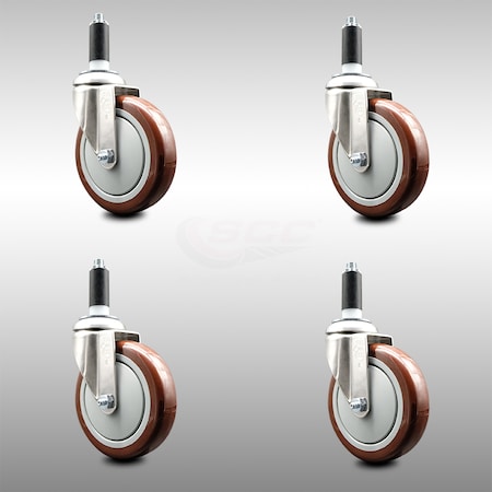 Service Caster 5 Inch 316SS Maroon Polyurethane Swivel 1-1/8 Inch Expanding Stem Caster Set SCC SCC-SS316EX20S514-PPUB-MRN-118-4